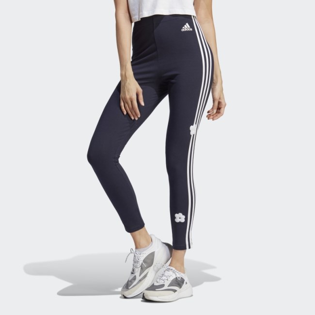 Adidas Ink 3-Stripes High-Rise Cotton Leggings With Chenille Flower Patches
