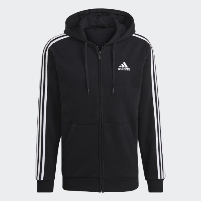 Adidas Black Essentials Fleece 3-Stripes Full-Zip Hoodie