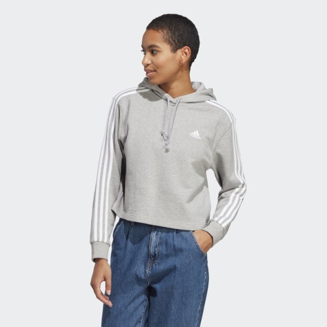 Adidas Essentials 3-Stripes French Terry Crop Hoodie White Stylish