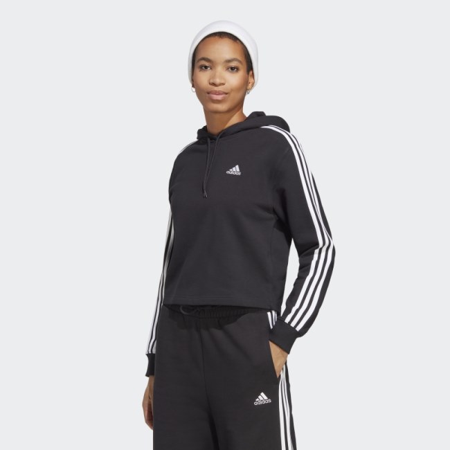 Essentials 3-Stripes French Terry Crop Hoodie Black Adidas