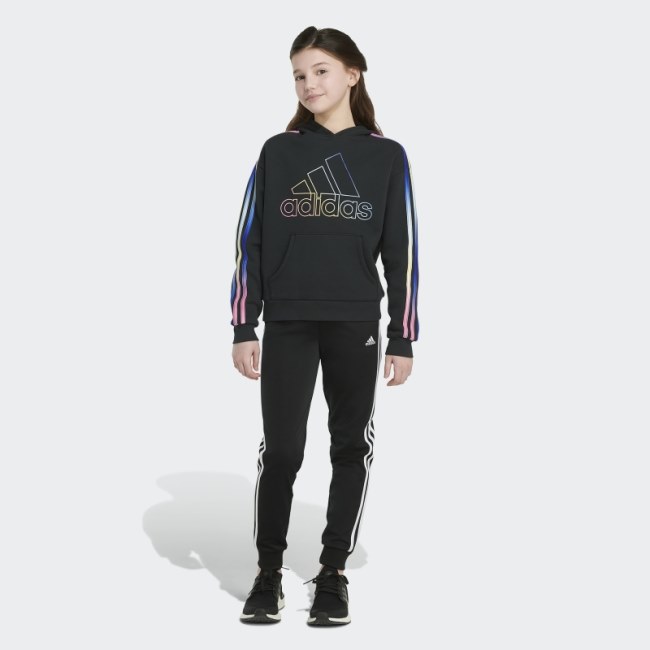 Adidas Black Multicolor 3-Stripes Fleece Pullover Hoodie