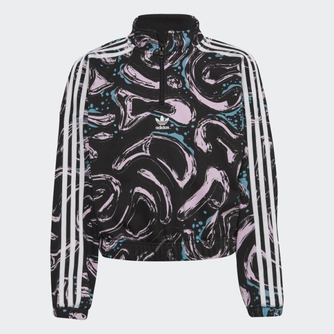 Black Adidas Allover Print Half-Zip Crop Crew Sweatshirt