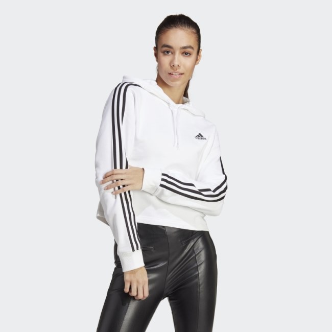 Adidas Essentials 3-Stripes French Terry Crop Hoodie White Fashion
