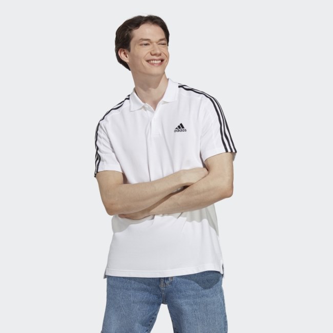 White Essentials Piqué Embroidered Small Logo 3-Stripes Polo Shirt Adidas