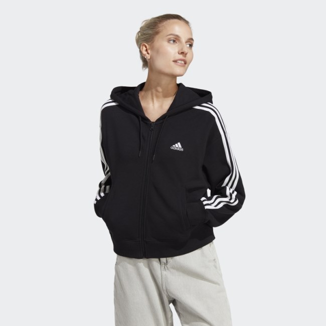 Essentials 3-Stripes French Terry Bomber Full-Zip Hoodie Black Adidas