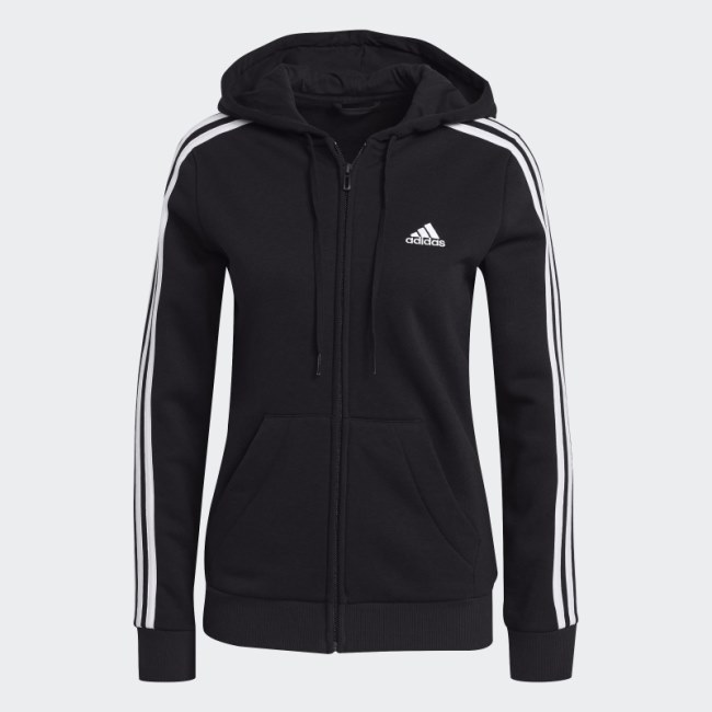 Black Adidas Essentials Fleece 3-Stripes Full-Zip Hoodie